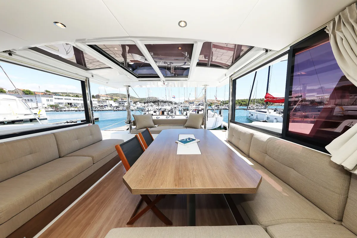 Salon of Algol, a Bali 4.4 catamaran at Grad Šibenik, Croatia
