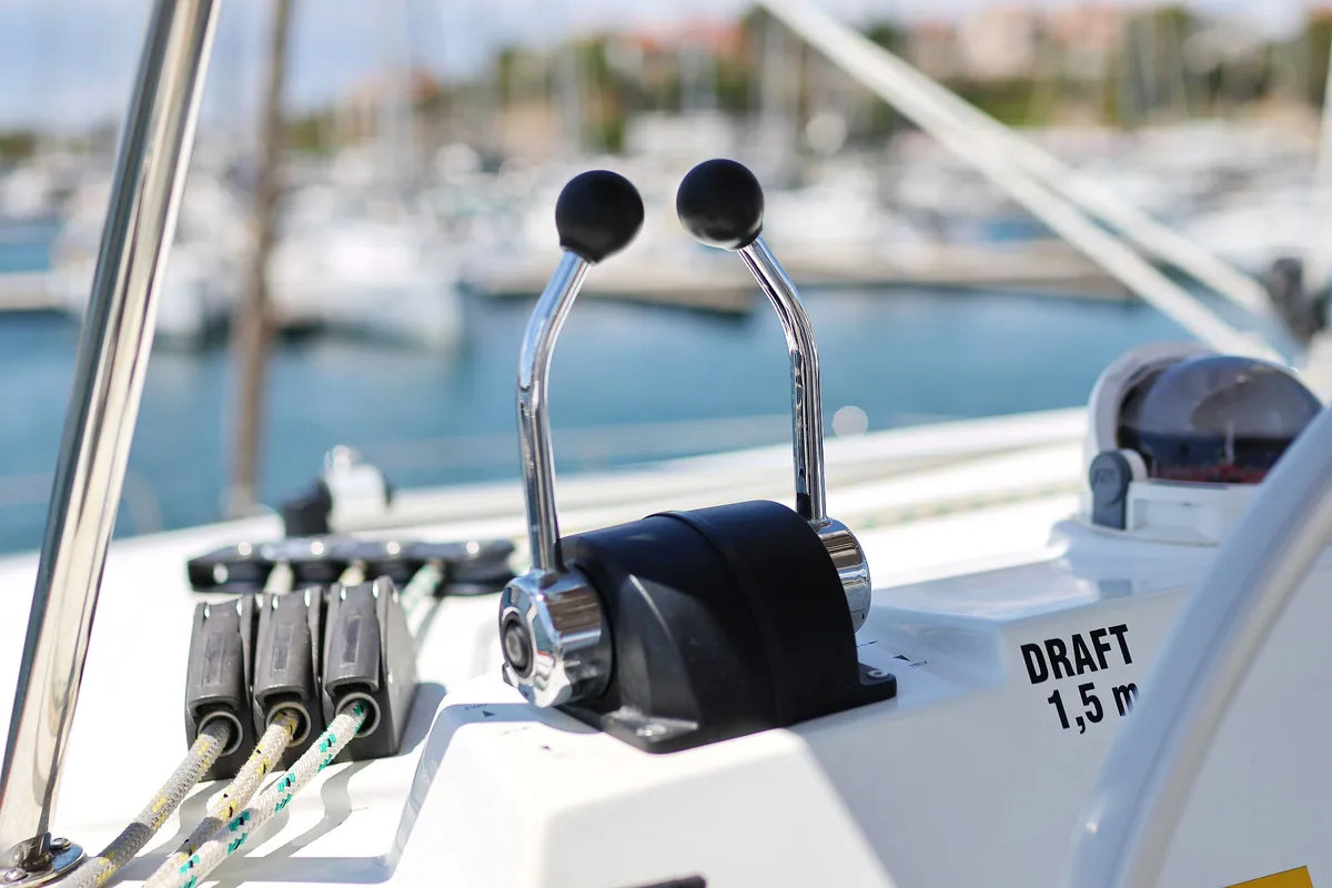 Cockpit of Algol, a Bali 4.4 catamaran at Grad Šibenik, Croatia