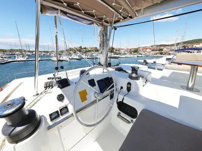Cockpit of Algol, a Bali 4.4 catamaran at Grad Šibenik, Croatia