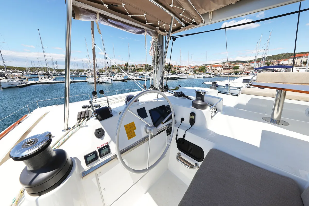 Cockpit of Algol, a Bali 4.4 catamaran at Grad Šibenik, Croatia