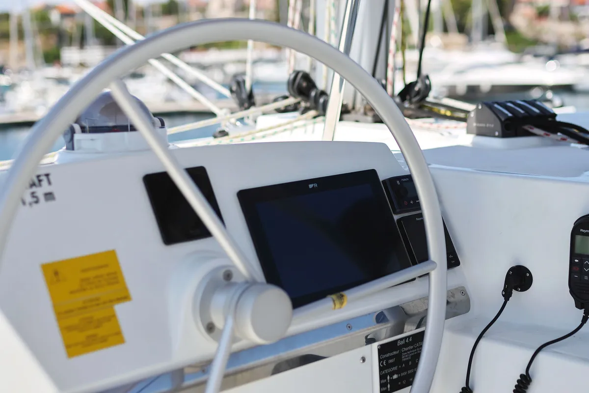 Cockpit of Algol, a Bali 4.4 catamaran at Grad Šibenik, Croatia