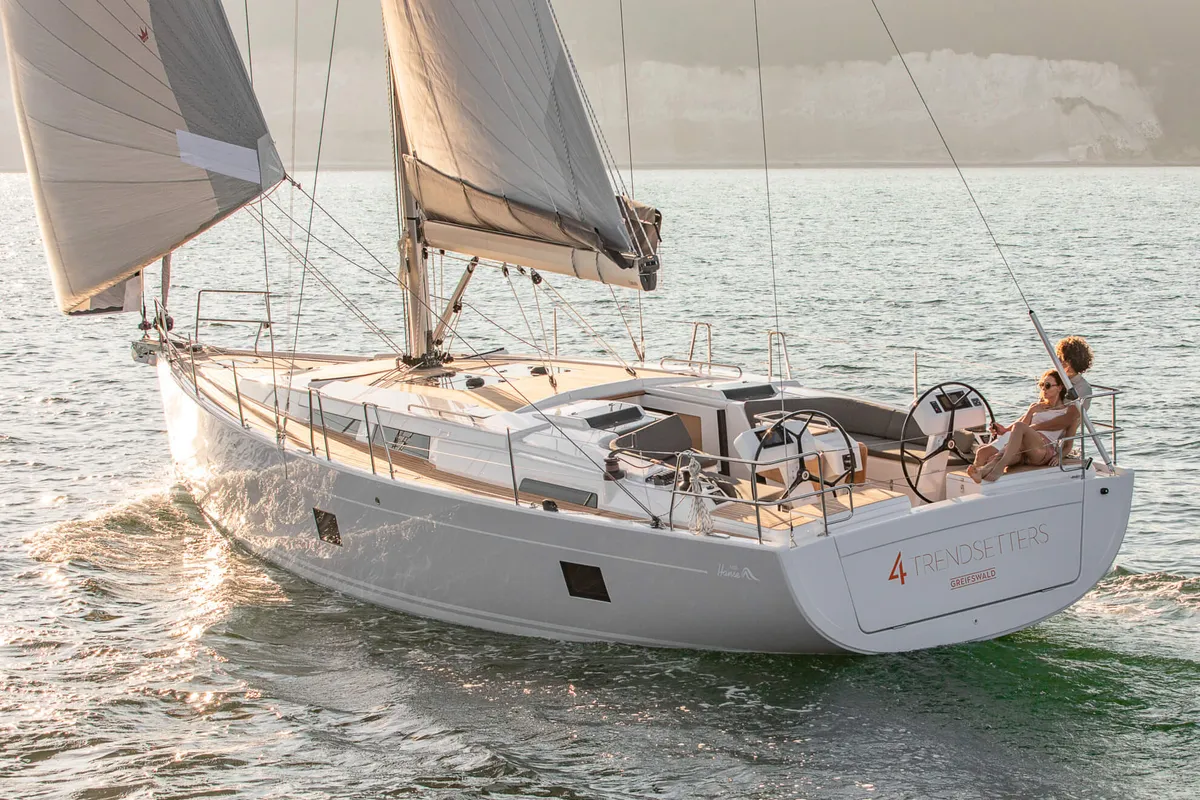 Exterior view of Hydra, a Hanse 458 sailboat at Kerners, France