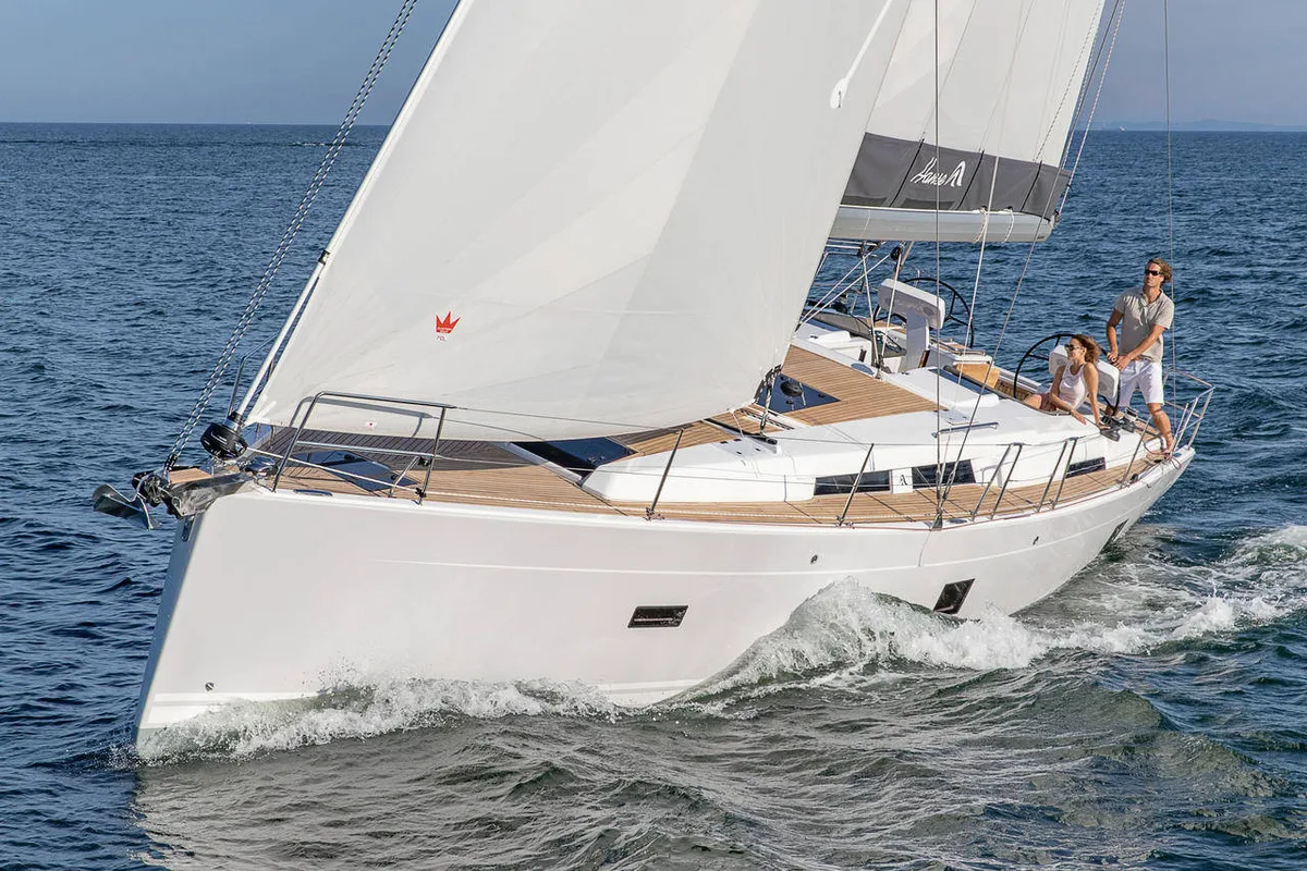 Exterior view of Hydra, a Hanse 458 sailboat at Kerners, France