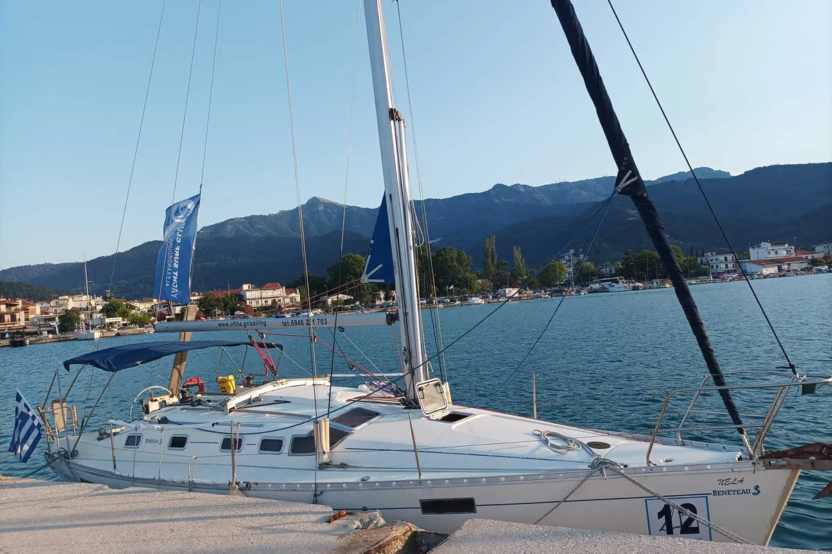 Exterior view of Nela, a Beneteau Oceanis 37 sailboat at Lefkada, Greece
