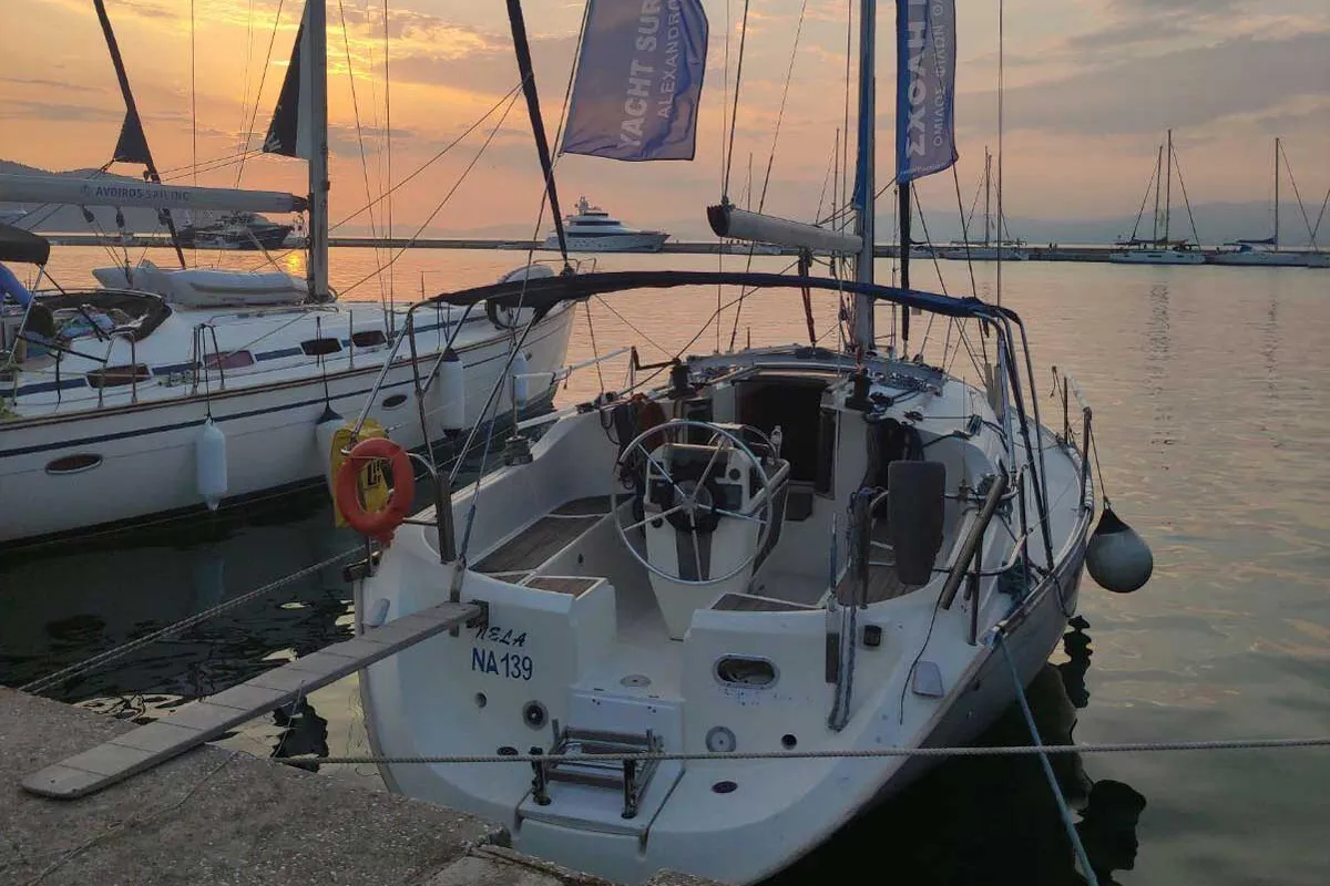 Exterior view of Nela, a Beneteau Oceanis 37 sailboat at Lefkada, Greece