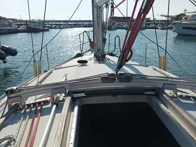 Deck of Nela, a Beneteau Oceanis 37 sailboat at Lefkada, Greece