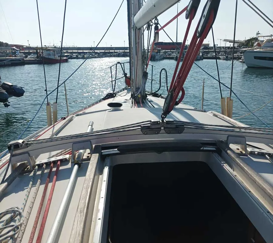 Deck of Nela, a Beneteau Oceanis 37 sailboat at Lefkada, Greece