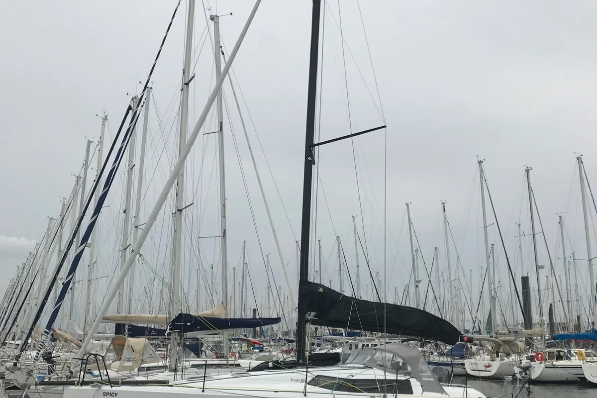 Exterior view of Spicy, a Pogo 36 sailboat at La Favière, France