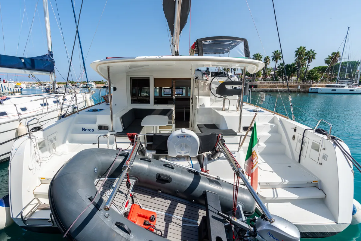 Exterior view of Lagoon 40, a catamaran at Tonnarella, Italy