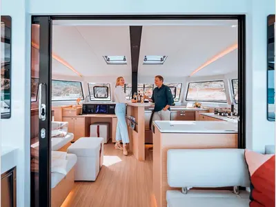 Salon of Seabird, a Nautitech 44 Open catamaran at Municipal Unit of Nea Peramos, Greece