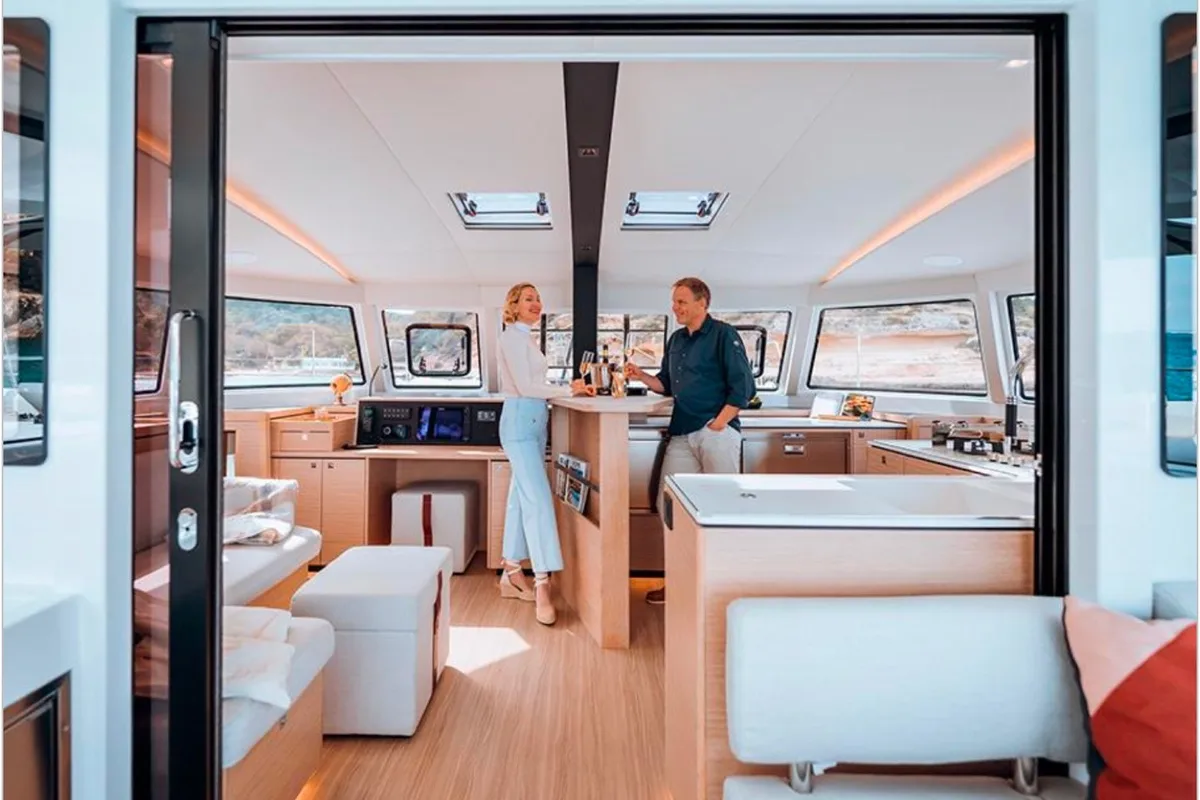 Salon of Seabird, a Nautitech 44 Open catamaran at Municipal Unit of Nea Peramos, Greece