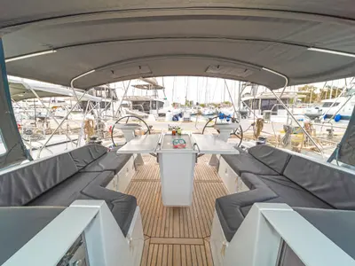 Cockpit of Yria, a Beneteau Oceanis 51.1 sailboat at Athens, Greece