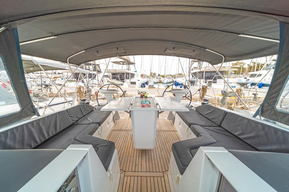 Cockpit of Yria, a Beneteau Oceanis 51.1 sailboat at Athens, Greece