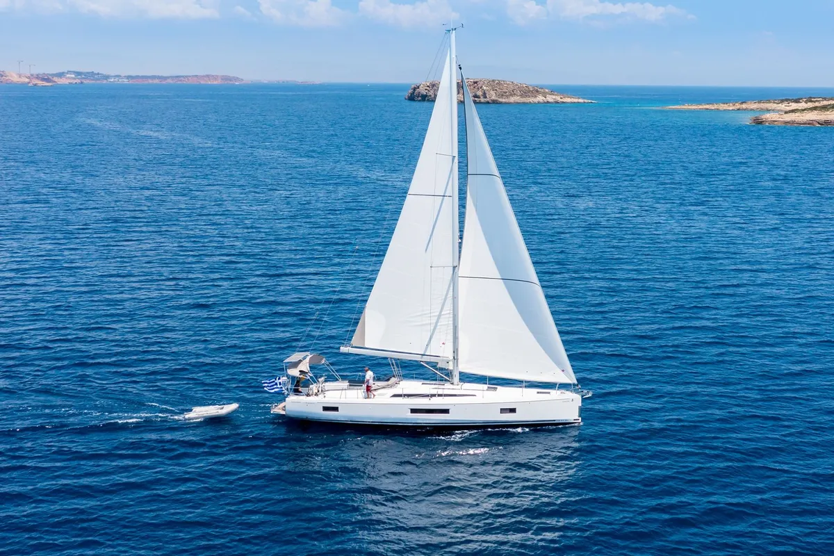 Exterior view of Yria, a Beneteau Oceanis 51.1 sailboat at Athens, Greece