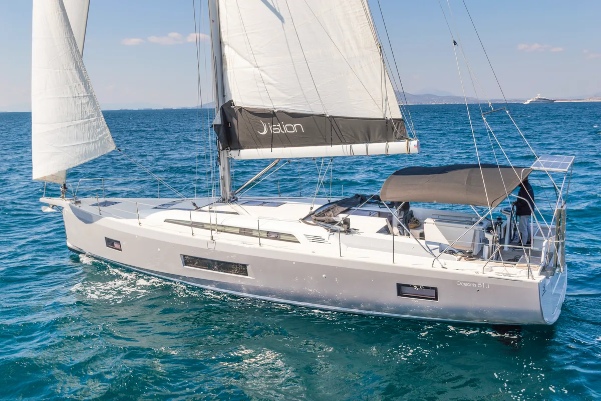 Exterior view of Yria, a Beneteau Oceanis 51.1 sailboat at Athens, Greece