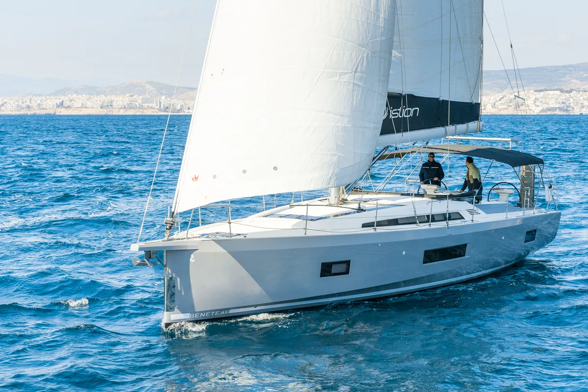 Exterior view of Yria, a Beneteau Oceanis 51.1 sailboat at Athens, Greece
