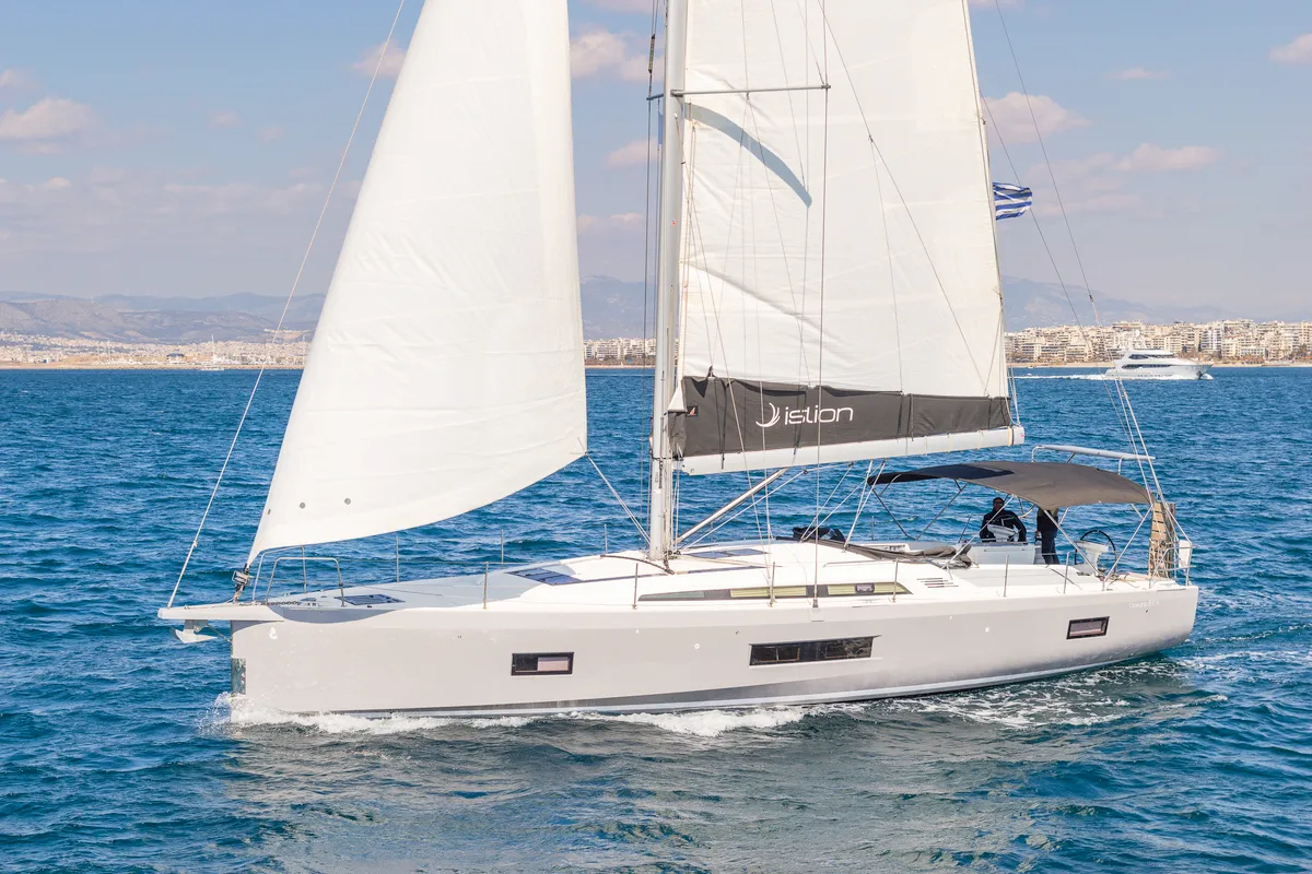 Exterior view of Yria, a Beneteau Oceanis 51.1 sailboat at Athens, Greece
