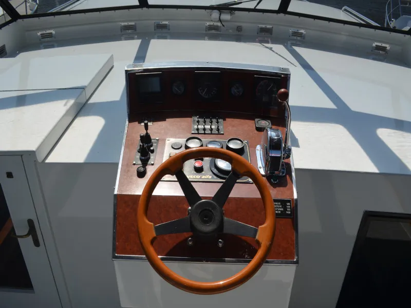 Cockpit of Constellation, a De Drait Tyvano 1450 motorboat at Drachten, Netherlands