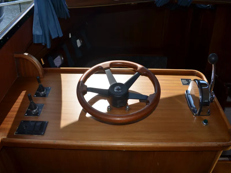 Cockpit of Constellation, a De Drait Tyvano 1450 motorboat at Drachten, Netherlands