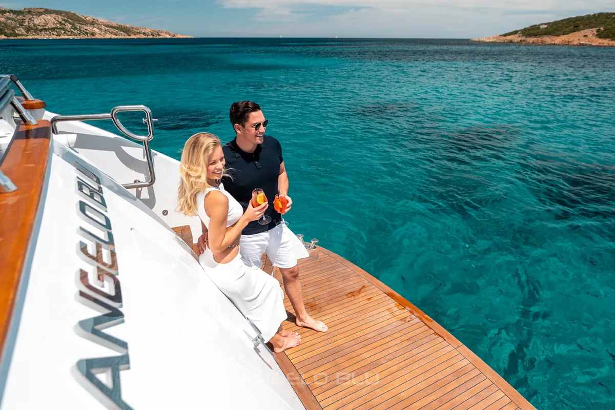 Deck of Angelo Blu, a Maiora 20S motor yacht at Figari, Italy