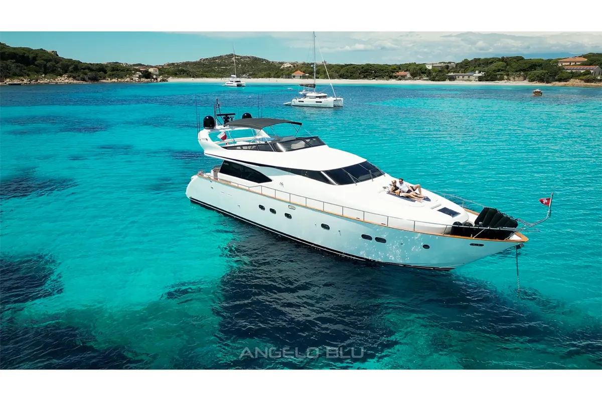 Exterior view of Angelo Blu, a Maiora 20S motor yacht at Figari, Italy