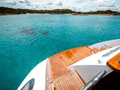 Deck of Angelo Blu, a Maiora 20S motor yacht at Figari, Italy