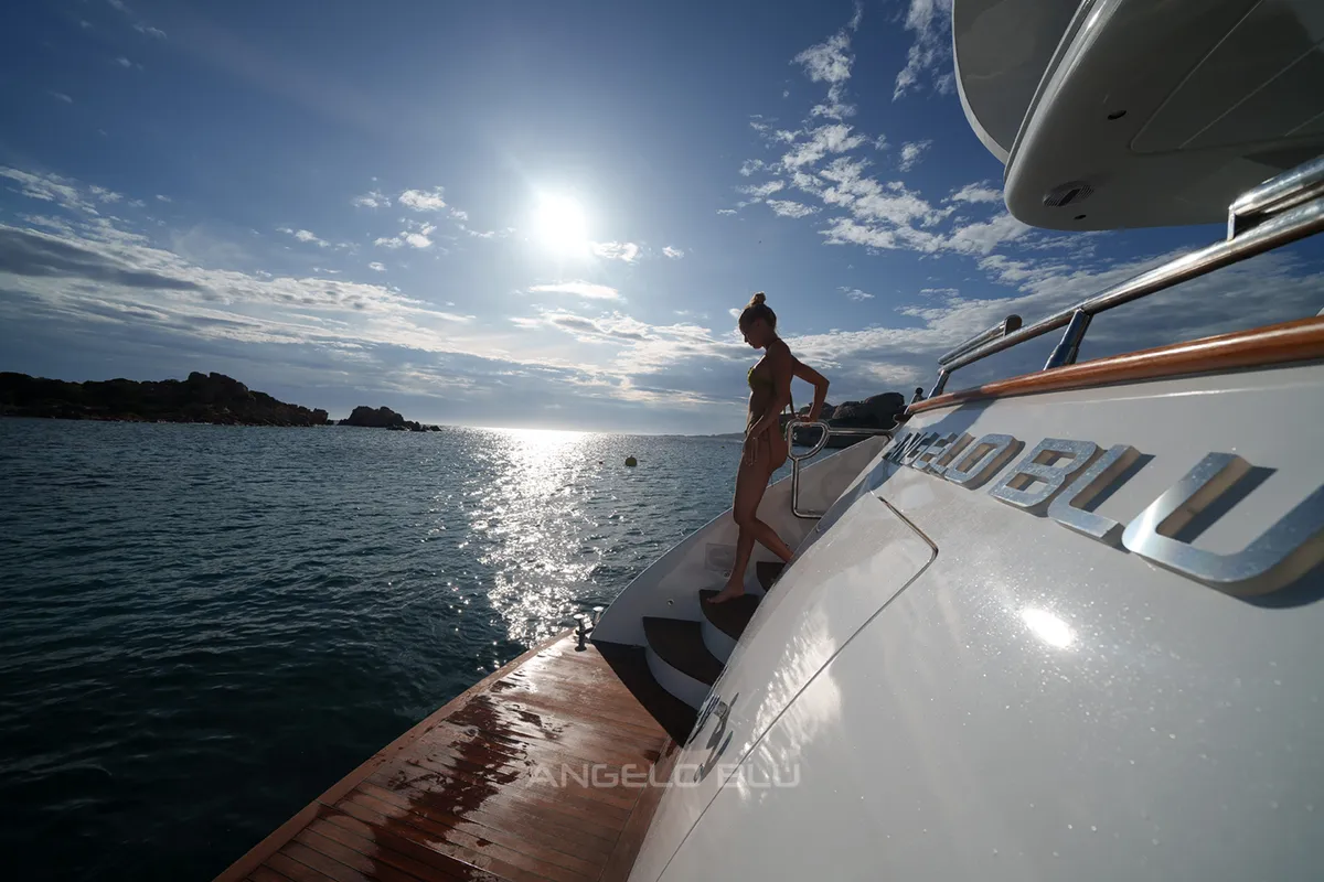 Deck of Angelo Blu, a Maiora 20S motor yacht at Figari, Italy