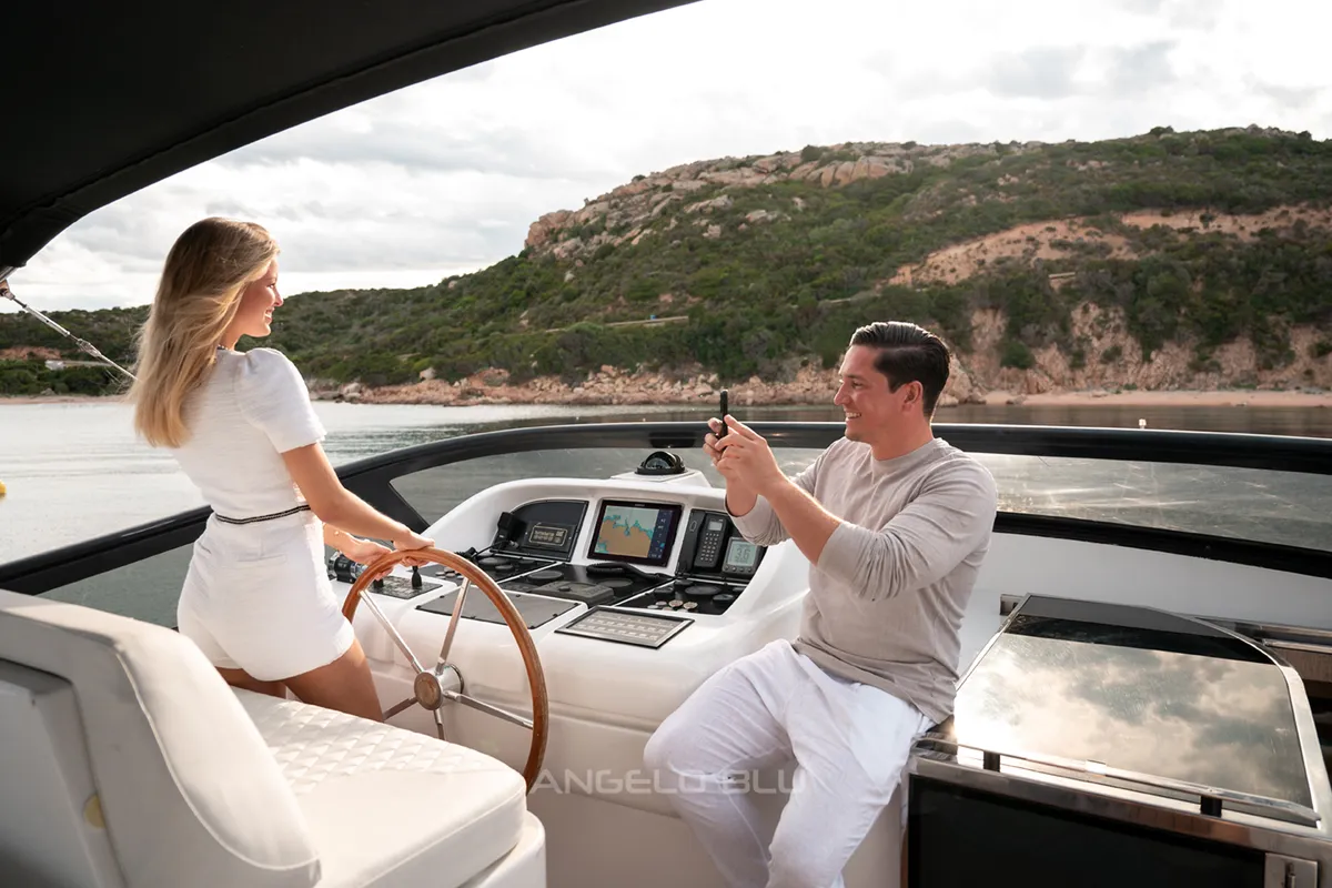 Cockpit of Angelo Blu, a Maiora 20S motor yacht at Figari, Italy