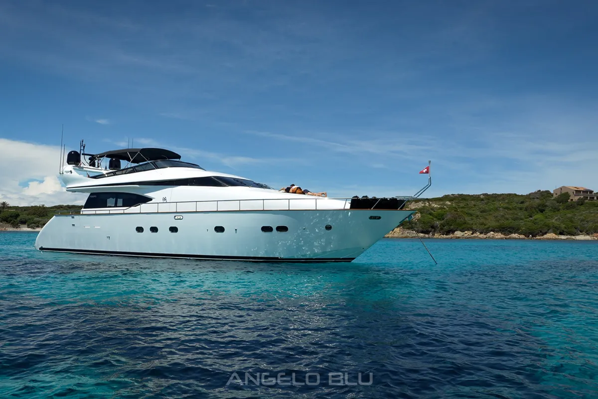 Exterior view of Angelo Blu, a Maiora 20S motor yacht at Figari, Italy
