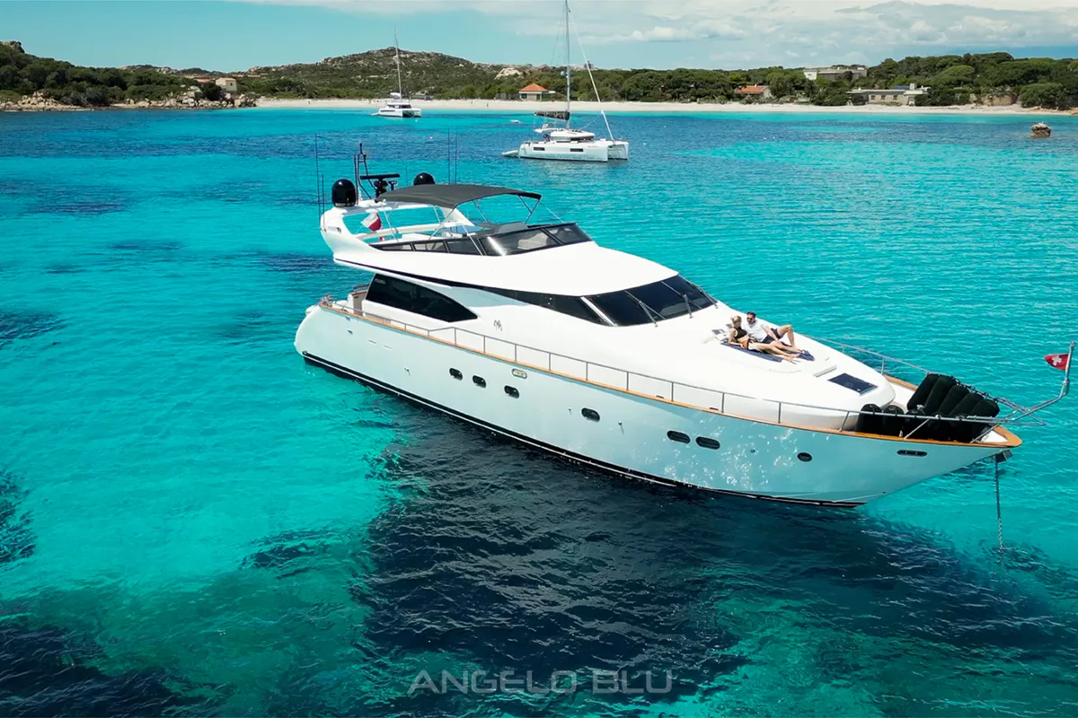 Exterior view of Angelo Blu, a Maiora 20S motor yacht at Figari, Italy