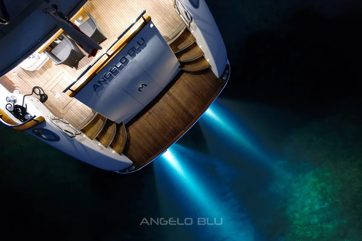 Exterior view of Angelo Blu, a Maiora 20S motor yacht at Figari, Italy