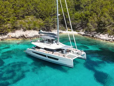 Solomar, a Fountaine Pajot Samana 59 catamaran at Grad Kaštela, Croatia