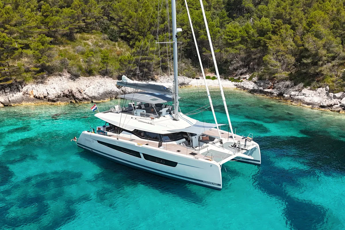 Solomar, a Fountaine Pajot Samana 59 catamaran at Grad Kaštela, Croatia
