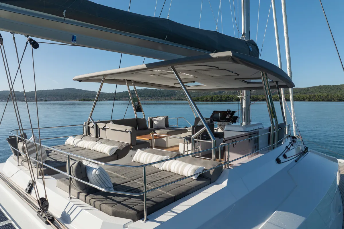 Solomar, a Fountaine Pajot Samana 59 catamaran at Grad Kaštela, Croatia