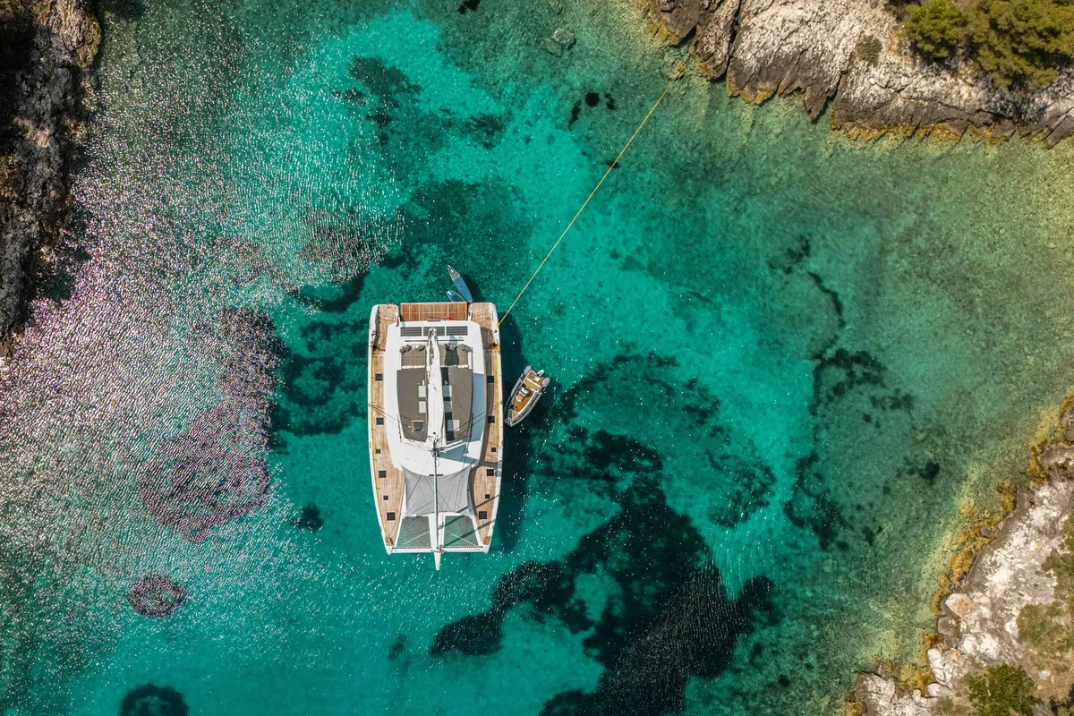 Solomar, a Fountaine Pajot Samana 59 catamaran at Grad Kaštela, Croatia