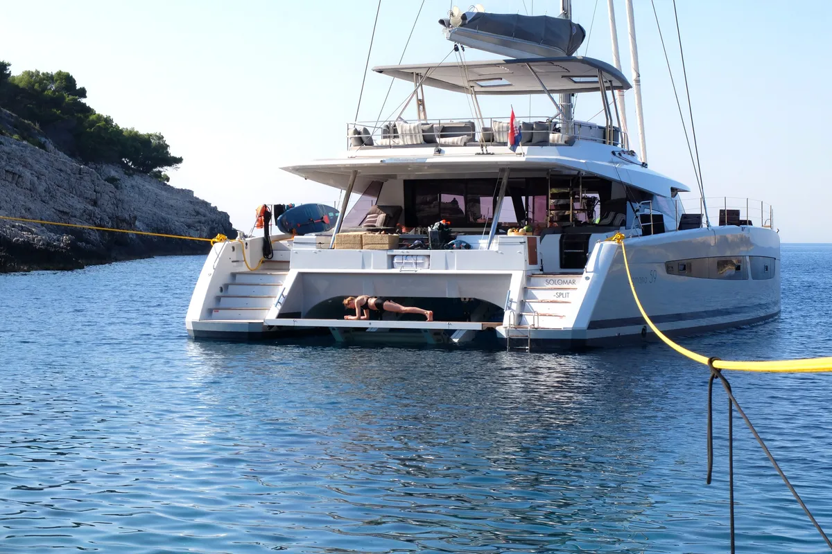 Solomar, a Fountaine Pajot Samana 59 catamaran at Grad Kaštela, Croatia