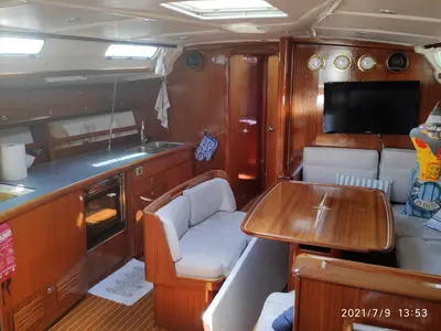 Salon of Argonaftis, a Bavaria 44 sailboat at Port of Avdira, Greece