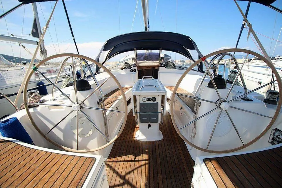 Cockpit of Argonaftis, a Bavaria 44 sailboat at Port of Avdira, Greece