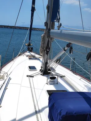 Deck of Argonaftis, a Bavaria 44 sailboat at Port of Avdira, Greece