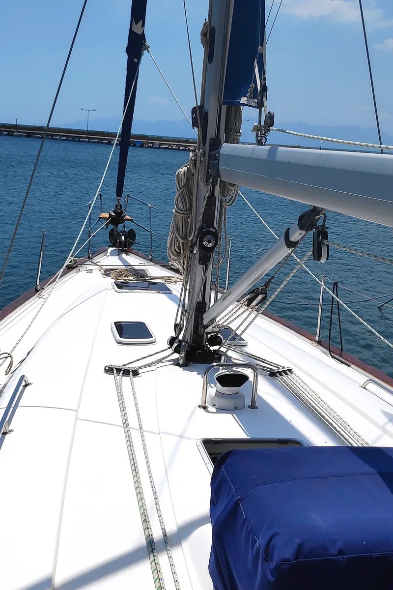 Deck of Argonaftis, a Bavaria 44 sailboat at Port of Avdira, Greece