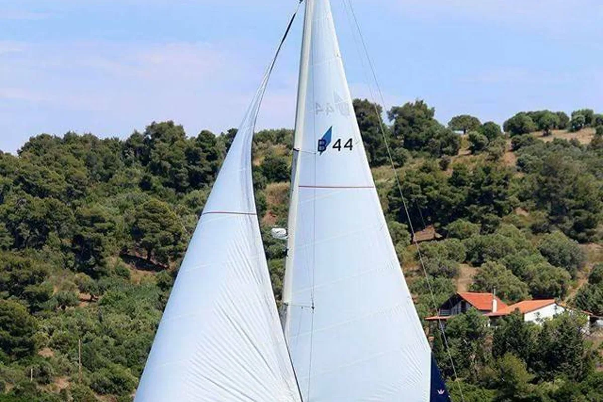 Exterior view of Argonaftis, a Bavaria 44 sailboat at Port of Avdira, Greece