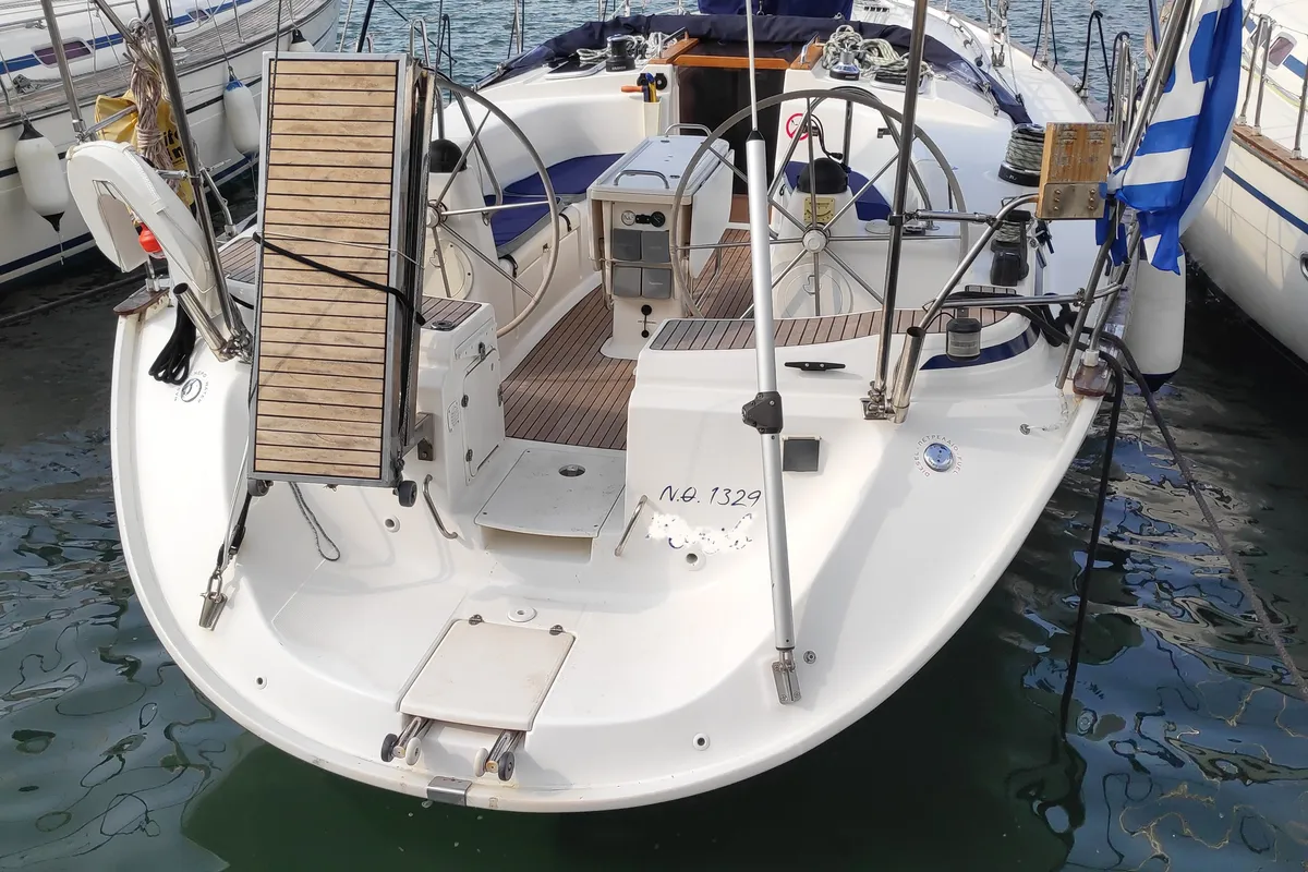 Exterior view of Argonaftis, a Bavaria 44 sailboat at Port of Avdira, Greece