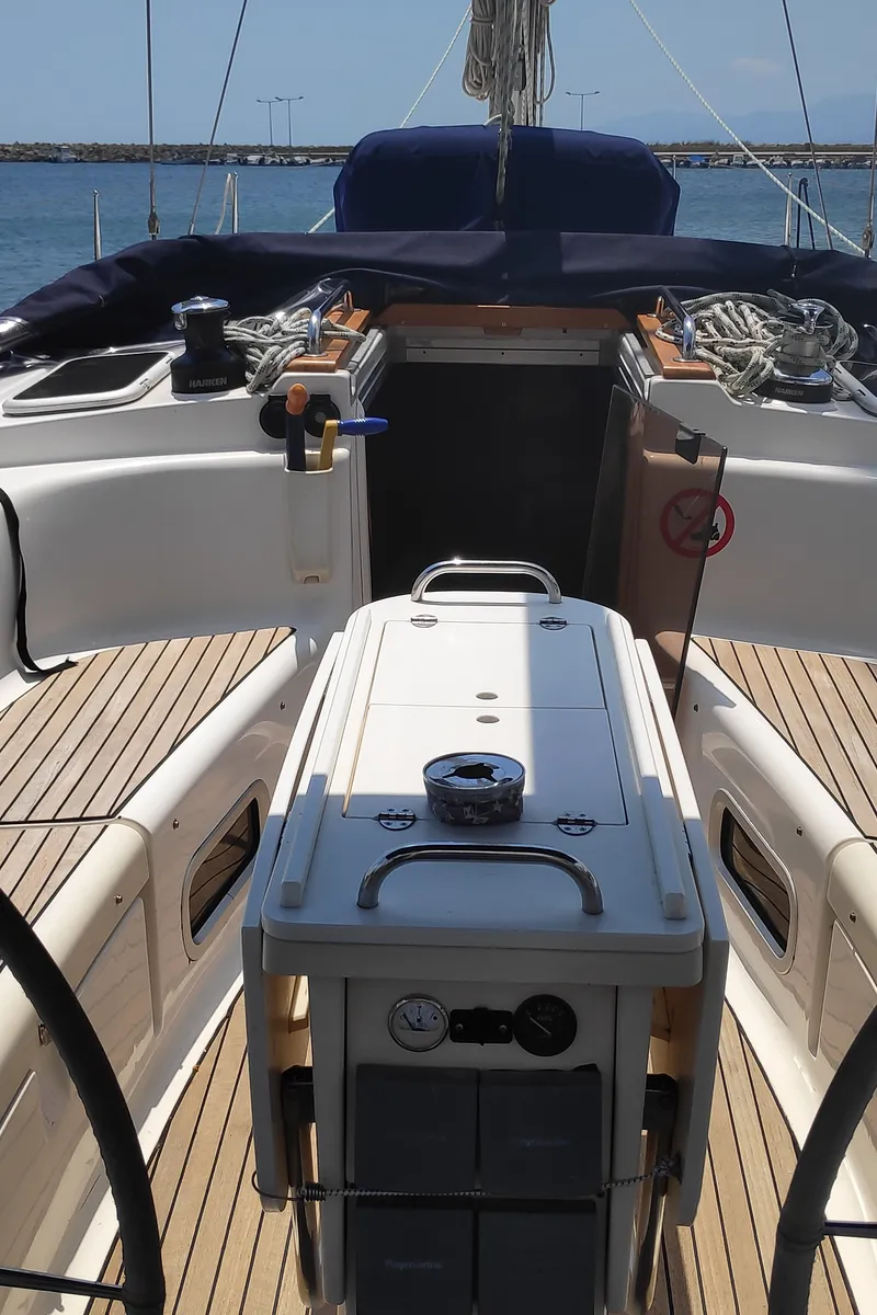 Deck of Argonaftis, a Bavaria 44 sailboat at Port of Avdira, Greece
