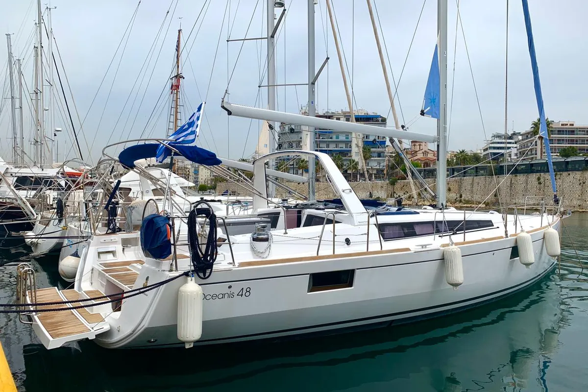 Exterior view of Alisa, a Beneteau Oceanis 48 sailboat at Athens, Greece