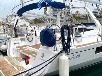 Cockpit of Alisa, a Beneteau Oceanis 48 sailboat at Athens, Greece