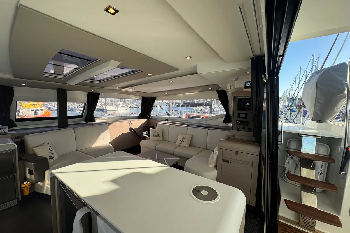 Salon of Maeva, a Fountaine Pajot Aura 51 catamaran at La Rochelle, France