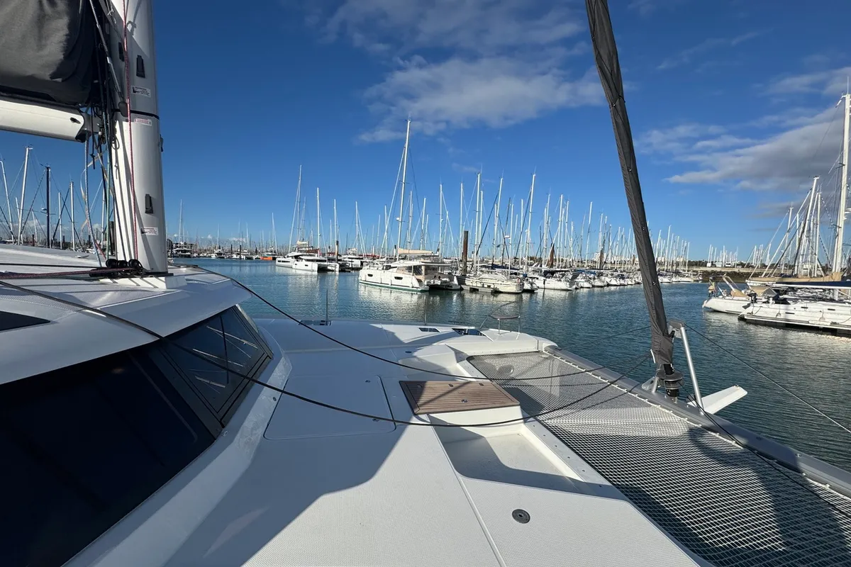 Deck of Maeva, a Fountaine Pajot Aura 51 catamaran at La Rochelle, France