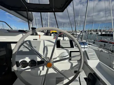 Cockpit of Maeva, a Fountaine Pajot Aura 51 catamaran at La Rochelle, France