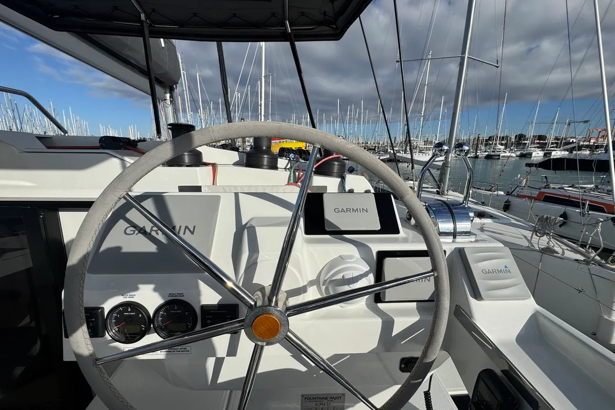 Cockpit of Maeva, a Fountaine Pajot Aura 51 catamaran at La Rochelle, France