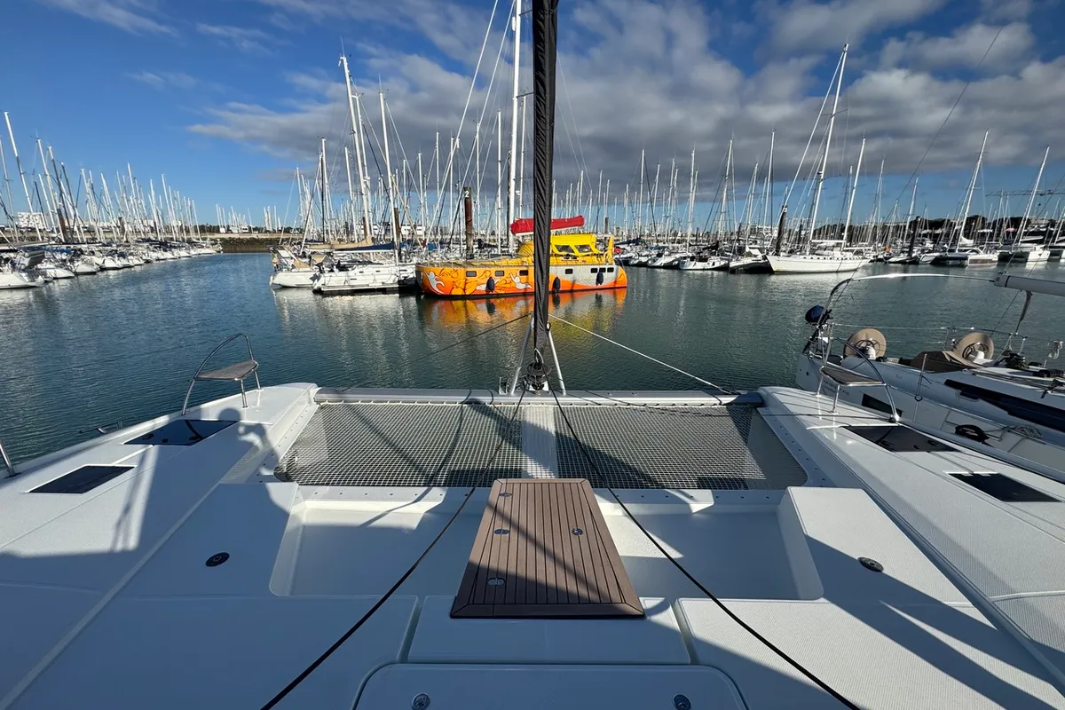 Deck of Maeva, a Fountaine Pajot Aura 51 catamaran at La Rochelle, France